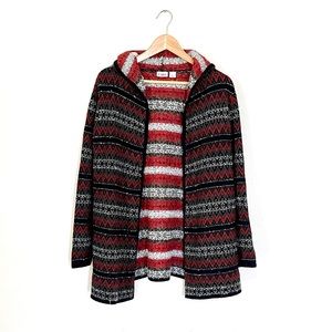Cato Red and Black Stripe Cardigan Women Size Large Chevron Knit Hooded cozy